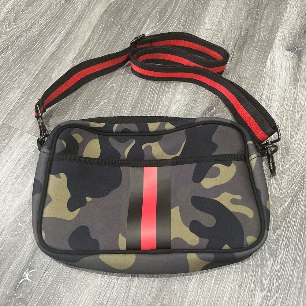 Hadley Neoprene Crossbody Camo Neoprene Fabric Black Red Crossbody Strap